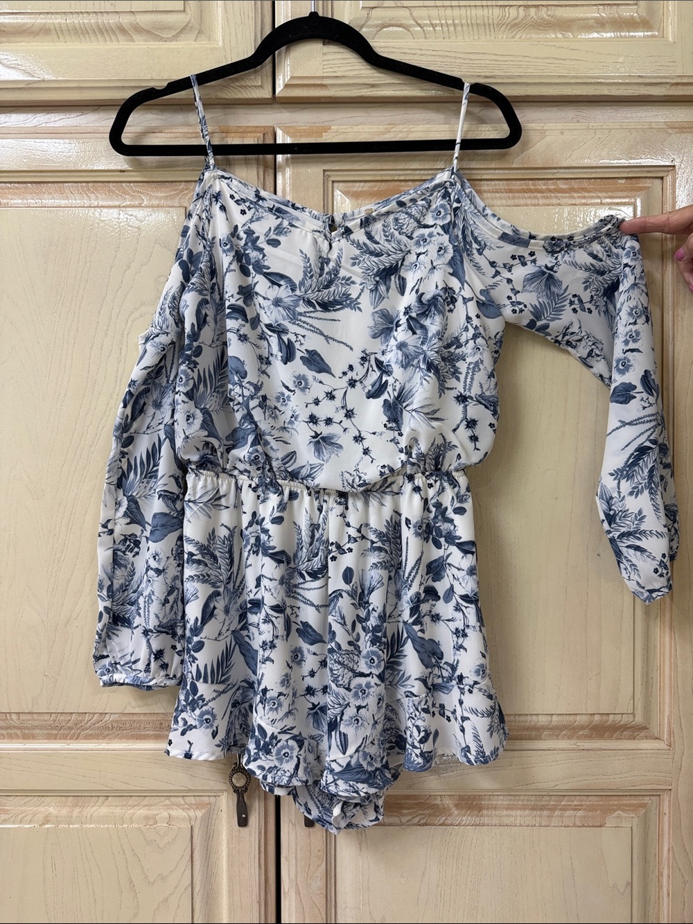 White and Blue Floral Off-Shoulder Romper